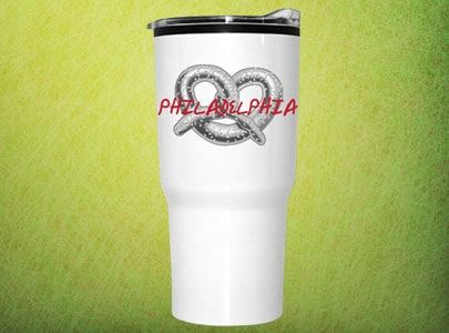 Plastic Roadster 16 oz Travel Tumbler for coffee with Spill Resistant sliding lid imprinted with Philadelphia Pretzel logo