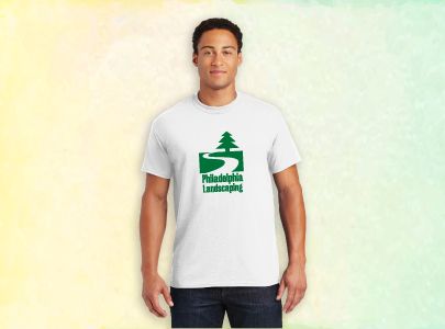 Man wearing white T-Shirt screen printed with Philadelphia Landscaping logo to use as a handout or work uniform