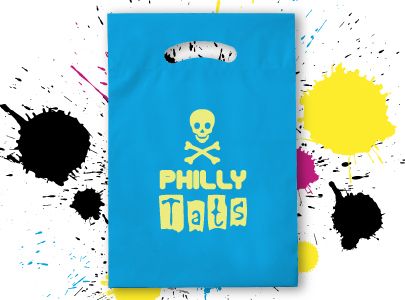 Plastic Bag with Die Cut Handle perfect for retail, handouts, Halloween or litter imprinted with Philly Tats logo for Philadelphia, PA