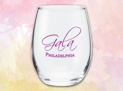 Stemless Wine Glass for classy events color etched with Gala Philadelphia logo 