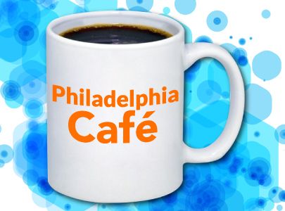 White Ceramic or Porcelain 11 oz Mug that is great for coffee or tea imprinted with Philadelphia Cafe logo