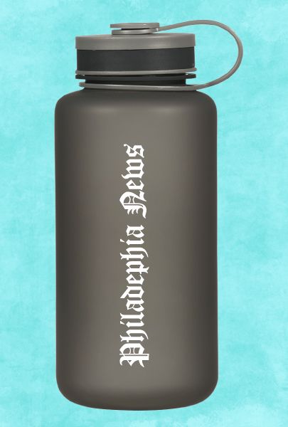 Insulated Bottle with Attached Plastic Screw On Lid that keeps drinks cold imprinted with Philadelphia News logo