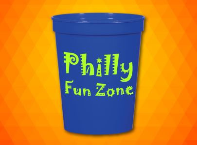 Blue, Plastic Stadium Cup, low cost design but durable imprinted with Philly Fun Zone logo for tailgating and handouts