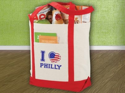 Canvas Grocery Tote Bag with Red Trim and Straps featuring a two color design imprinted with I love Philly logo
