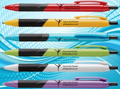 Colorful, retractable plastic pens with rubber grip and matching clips imprinted with Philadelphia Dance logo