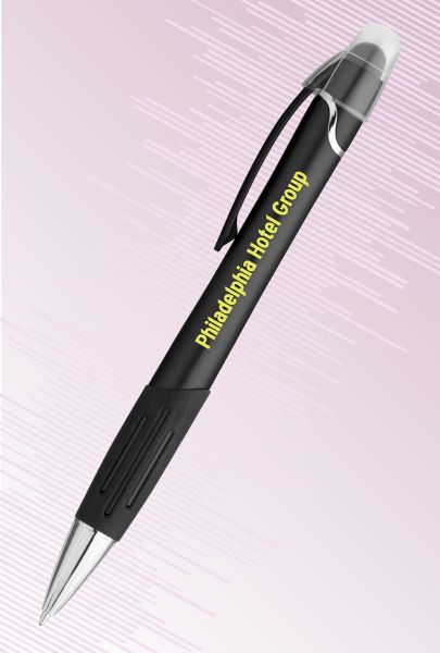 Black Twist Pen with Black Ink, Rubber Grip and Black Clip Pad Printed with Philadelphia Hotel Group logo for Philadelphia, PA