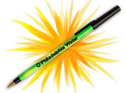 Neon Green Stick style Pen with Black Trim and Plastic Black Cap Imprinted with Philadelphia Water logo for Philadelphia, PA