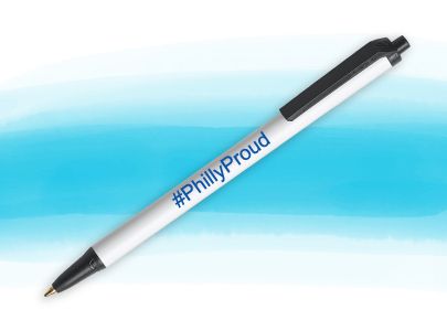 Bic Clic Stic Pen with White Barrel and Black Trim imprinted with Philly Proud logo for Philadelphia, PA