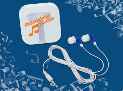 Earbud style headphones with plastic case imprinted with Philadelphia Studios logo for Philadelphia, PA