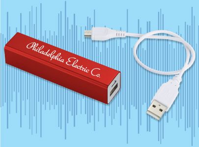 Red Power Bank Charger with USB cable to charge Smart Phones imprinted with Philadelphia Electric Co. logo
