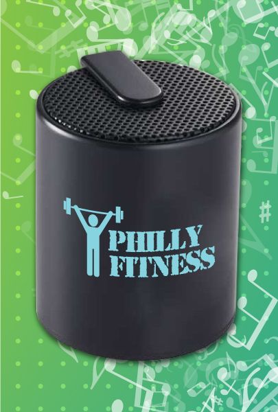 Portable, bluetooth, mini desktop speaker imprinted with Philly Fitness logo for Philadelphia, PA